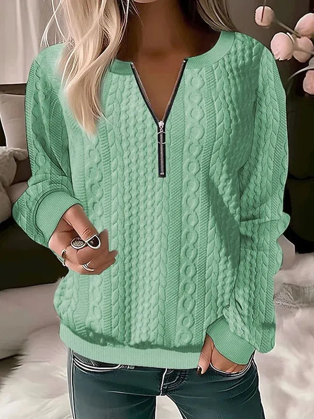 European And American Autumn And Winter New Women's Long Sleeve Solid Color And V neck Zipper T shirt Green - Shop at LoveMi