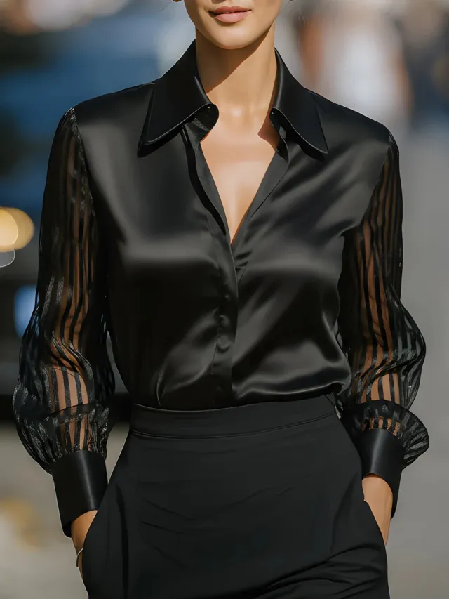 Solid Color Versatile Loose Satin Long Sleeve Shirt Women Black - Shop at LoveMi