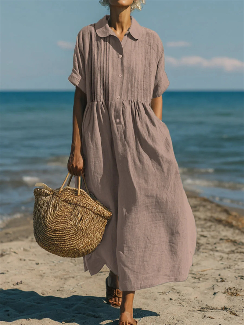 Notch collar Button front Pleated Short sleeve Cotton linen Dress Khaki - Shop at LoveMi