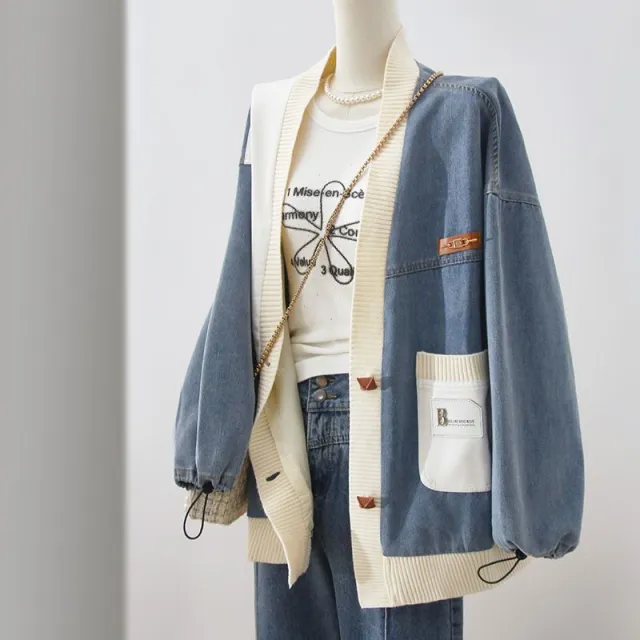Style Patchwork Denim Jacket Women's Fat Denim Leather Patchwork Coat - Shop at LoveMi