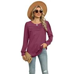 Solid Colour U-neck Pleated Long-sleeved T-shirt Top For Women - Wine Red - View 1