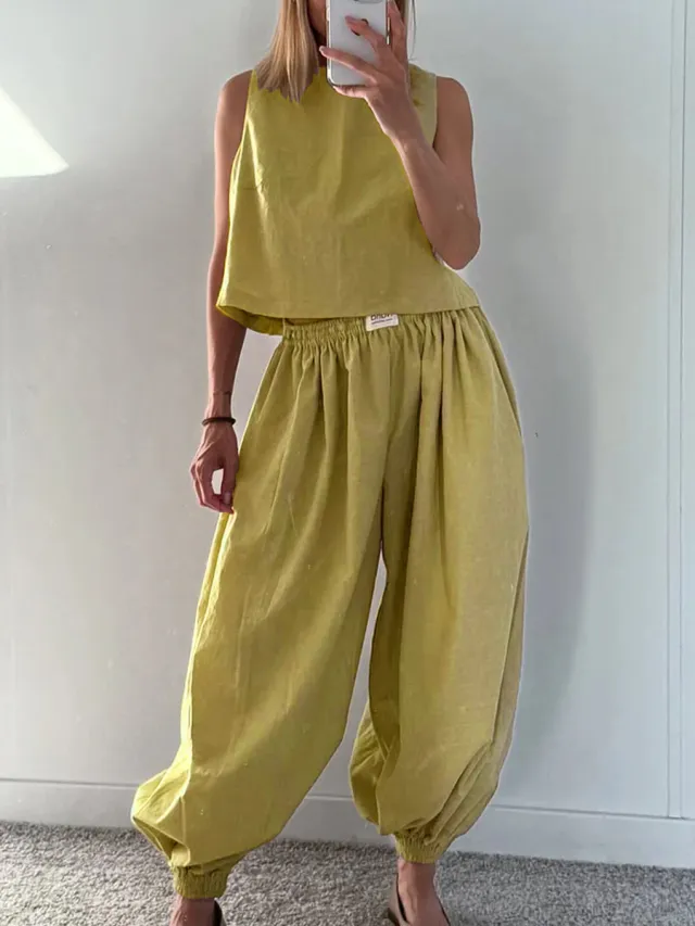 Sleeveless Top Loose Trousers Women's Suit Yellow Green - Shop at LoveMi