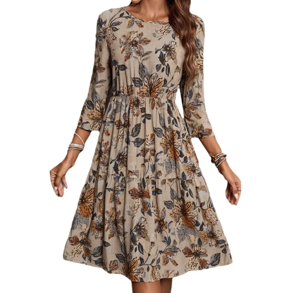 Fashion Round Neck Women's Cotton Linen Printed Dress - Color