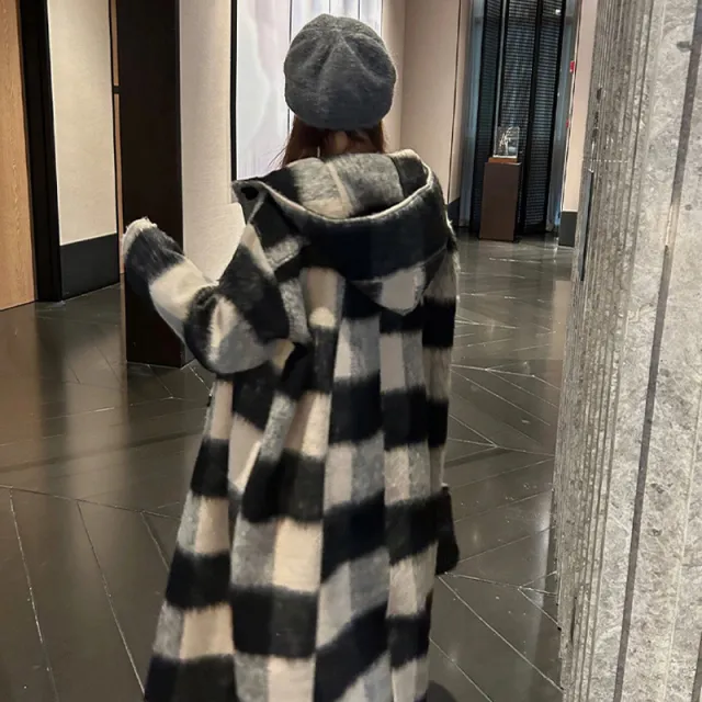 Season Warm Woolen Coat Mid length Beige Black Plaid Cloak - Shop at LoveMi