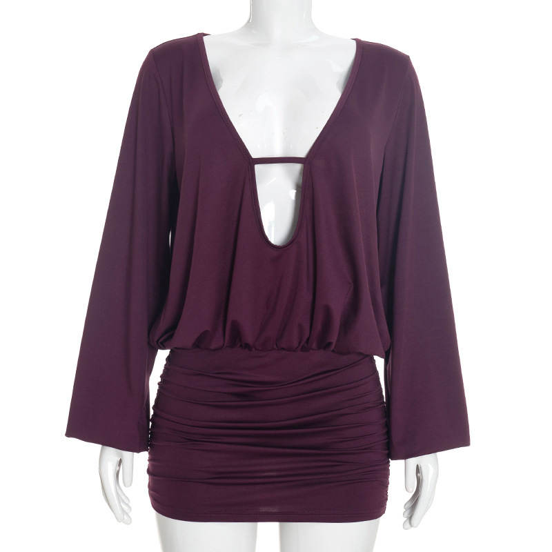 Solid-color V-neck Hollow-out Patchwork Waist-cinching Pleated Sheath Dress — photo 1