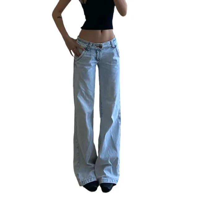 Retro Light Blue Low Waist Loose Draggle tail Trousers Blue - Shop at LoveMi