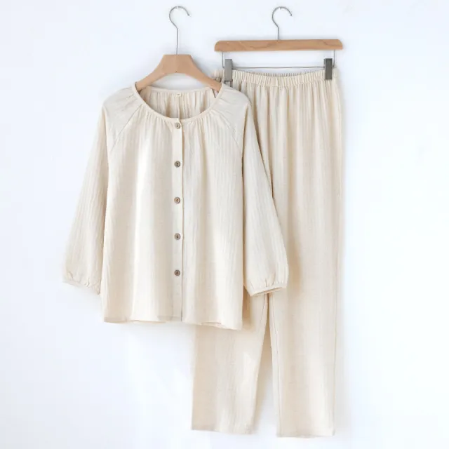 Womens Solid Color Crew Neck Loungewear Set With Long Sleeves And Long Pants Beige - Shop at LoveMi