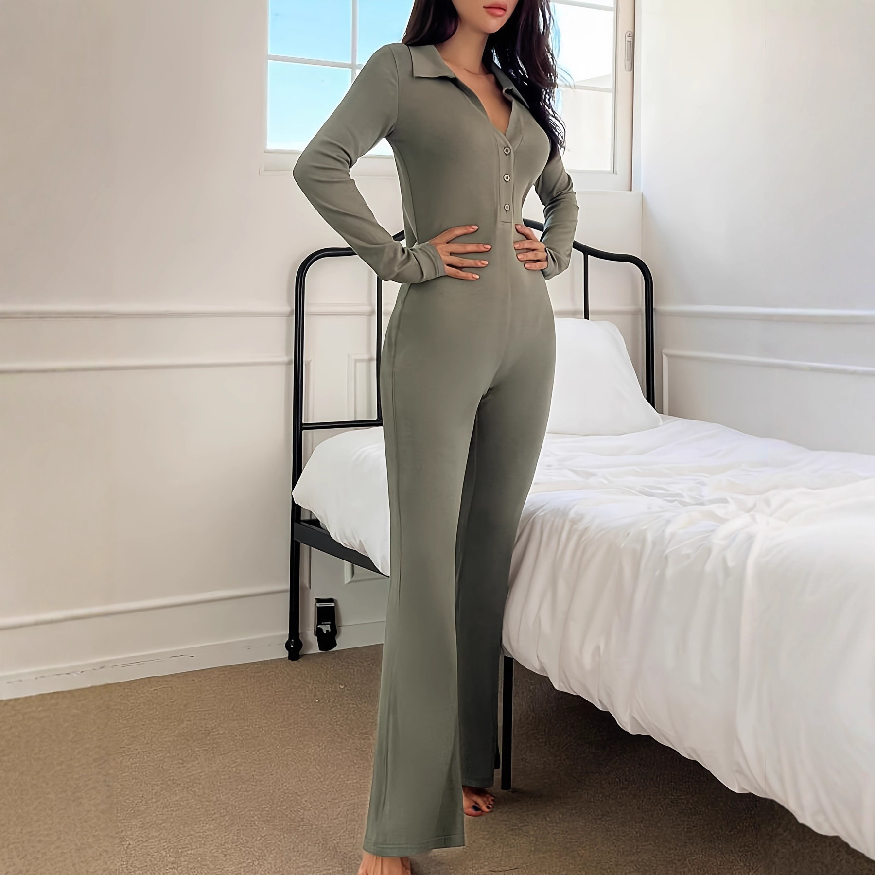 Polo-collar Knitted Long-sleeve Sport Jumpsuit