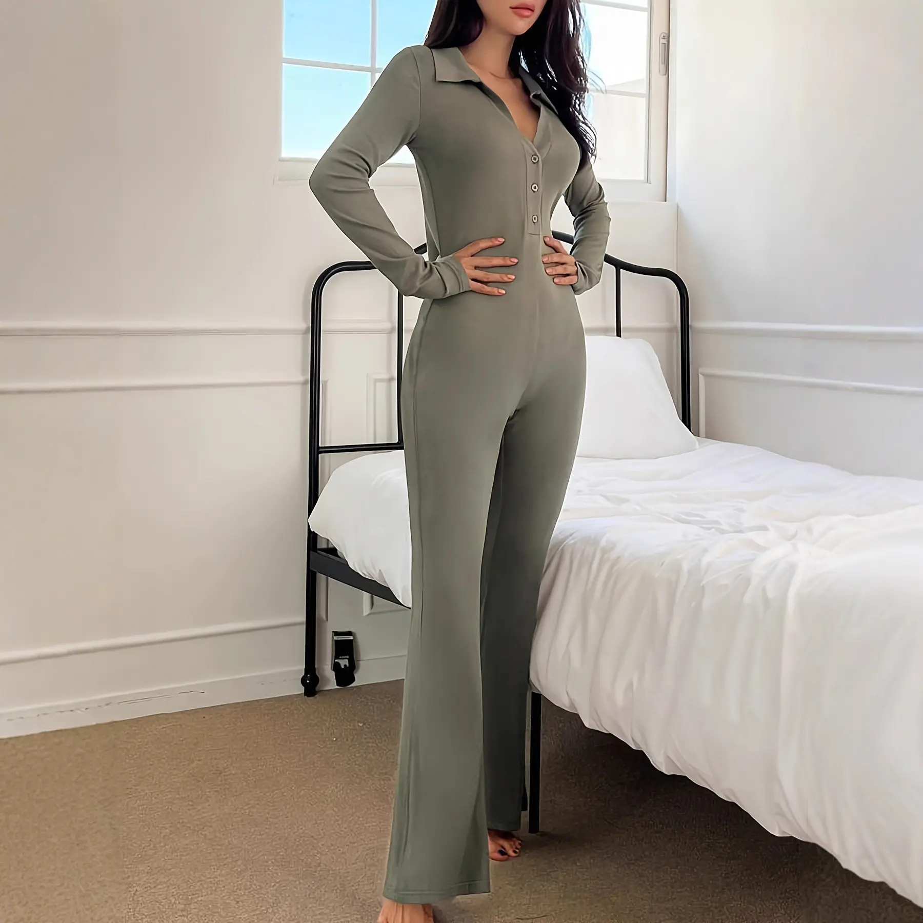 Polo-collar Knitted Long-sleeve Sport Jumpsuit