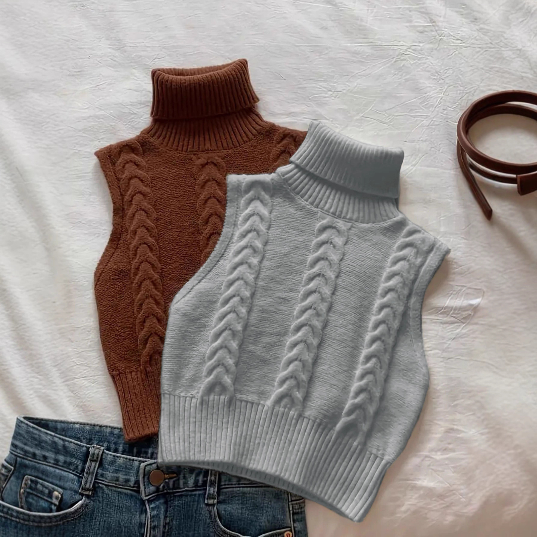 Women’s Double-Sided Cable-Knit Turtleneck Sweater Vest – Sleeveless Knit Top for Spring & Autumn - Image 2