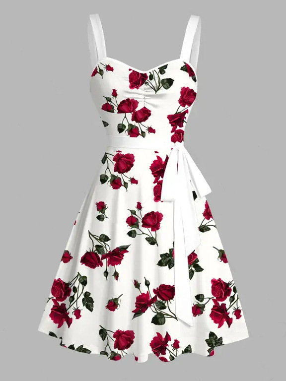 Vintage Rose Print Midi Dress With Belt White - Shop at LoveMi