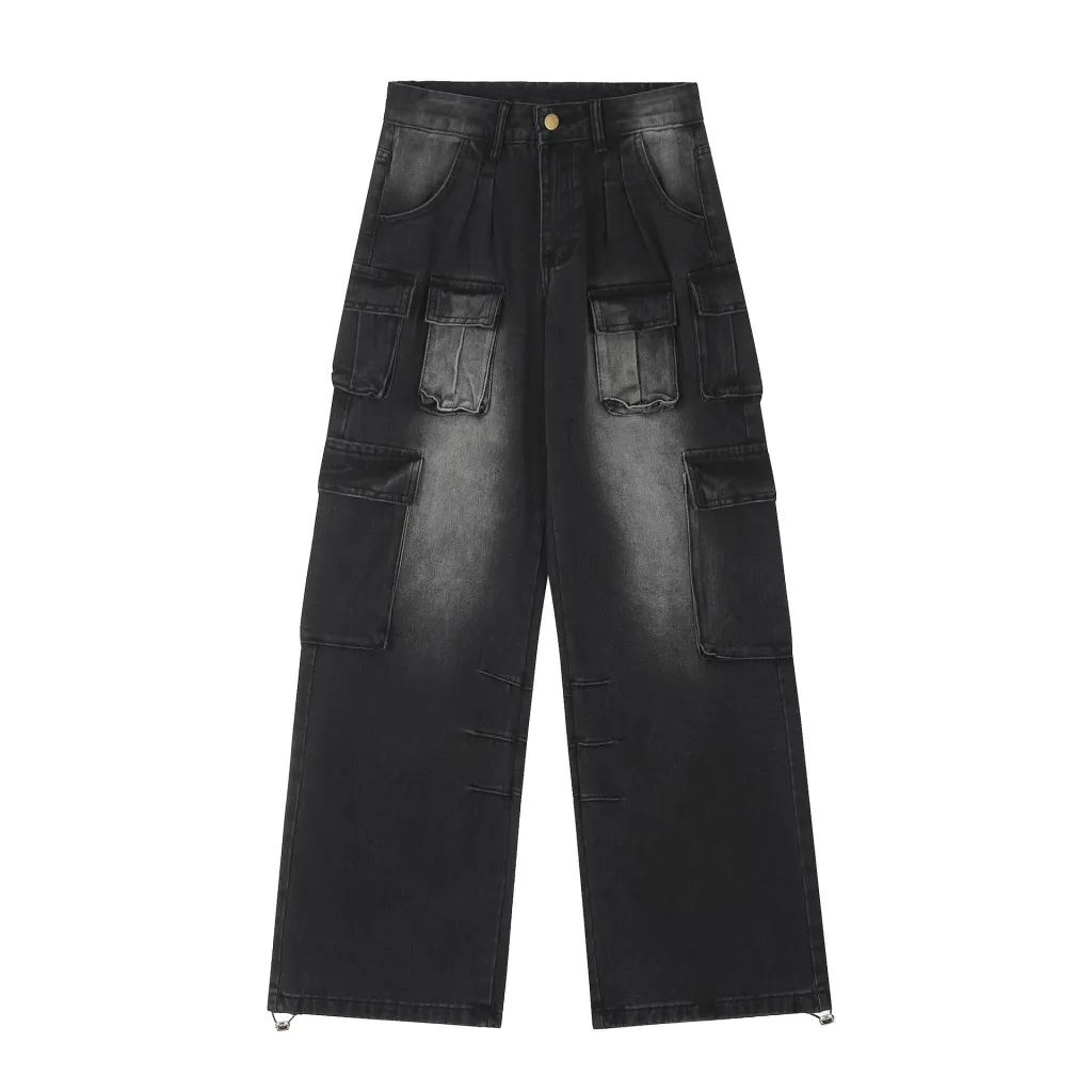 Multi-pocket Loose Multi-pocket Washed Distressed Pants - Black