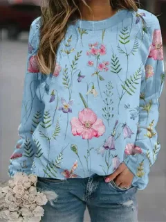 3D Round Neck Sweater Women's Fresh Flower Figure - Ffy23050601 5-S - View 1