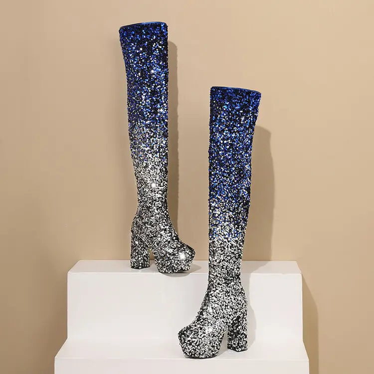 Sequin Gradient Round-Toe Side-Zip Chunky Heel Over-the-Knee