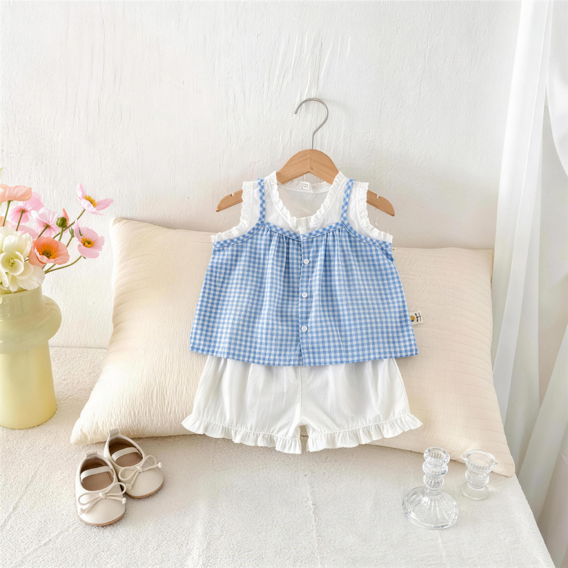 Lace Plaid Two-Piece Set For Little Girls Vest Top And Blouse