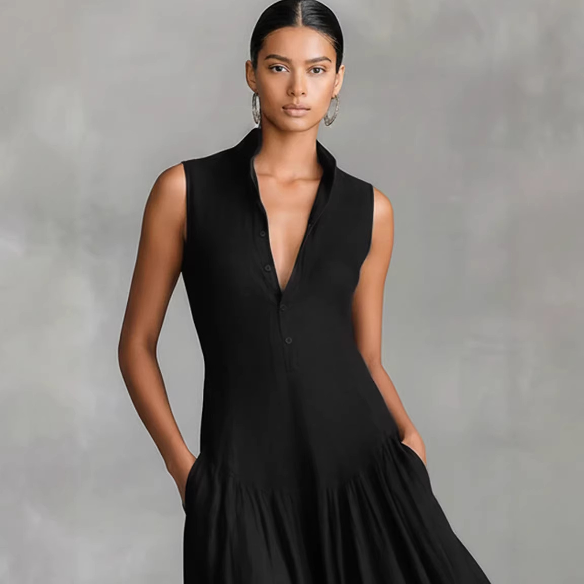 Slim-fit V-neck Long Sleeveless Dress