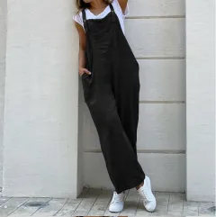 High Waist Sling Solid Color Long Jumpsuit - Black - View 1