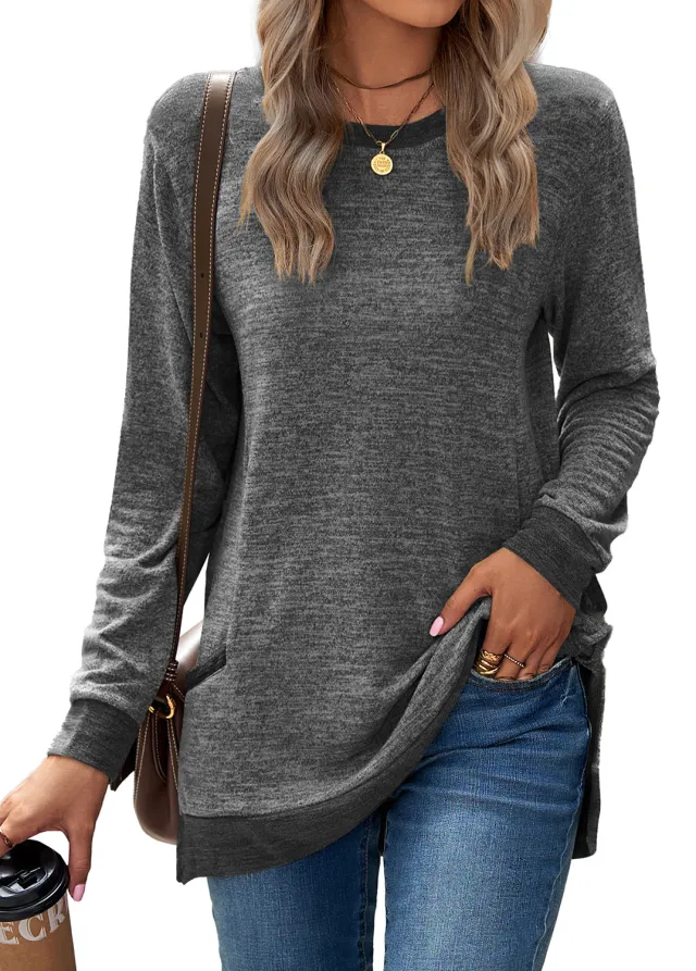 Round Neck Multicolor Pocket Long Sleeve Pullover Top Loose fitting Casual T shirt Gray - Shop at LoveMi