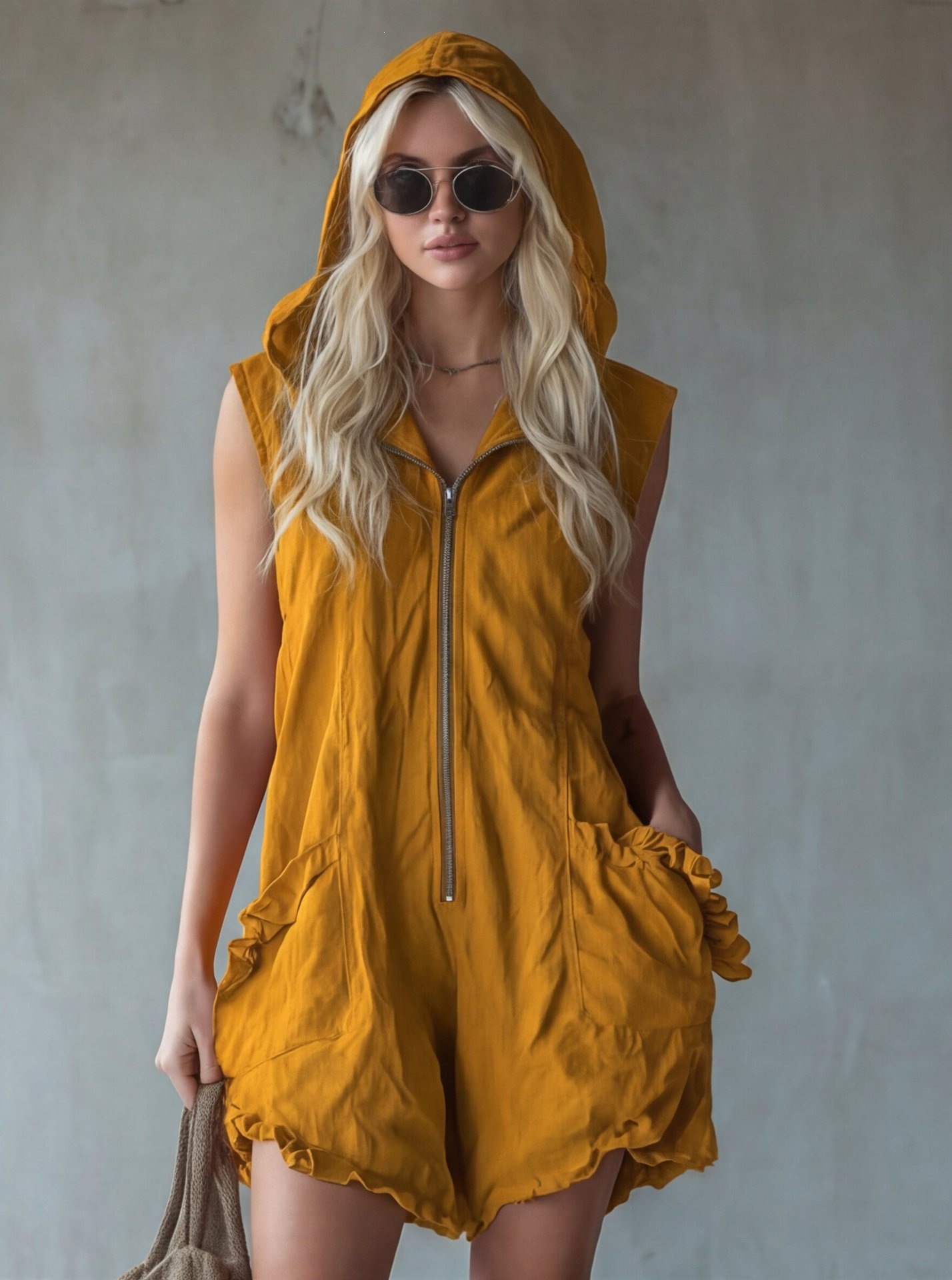 Women's Hooded Zip-Up Cropped Jumpsuit in Black – retro sleeveless cotton linen casual