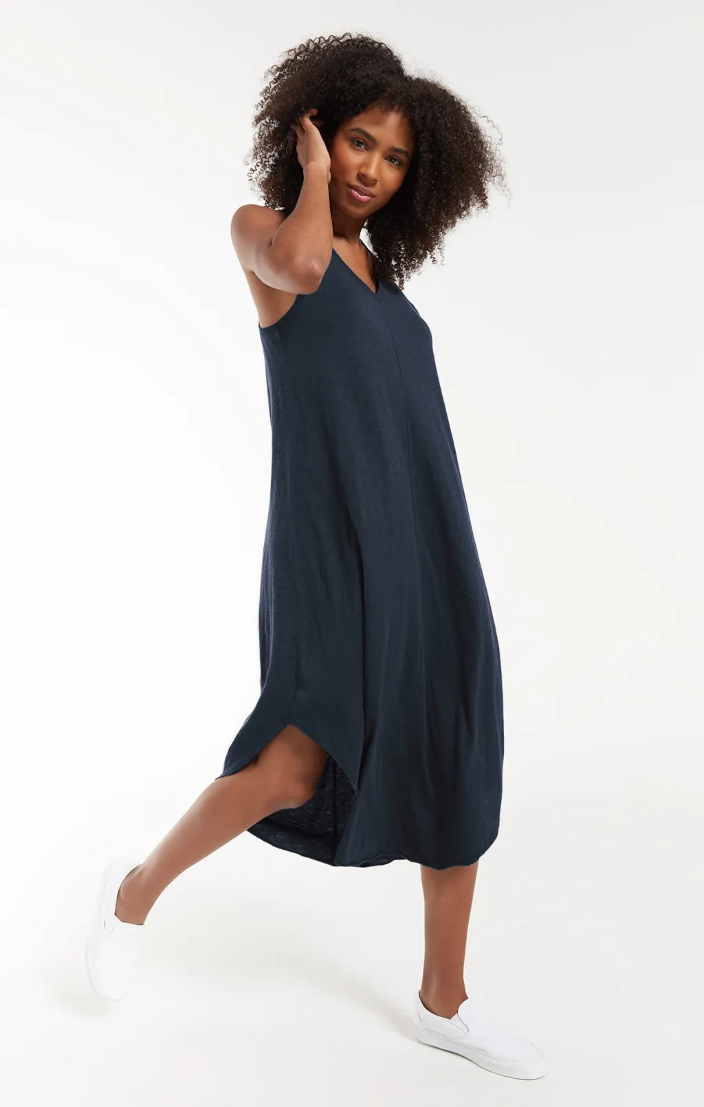 Solid Color Casual V-neck Sleeveless Swing Long Dress - Navy Blue