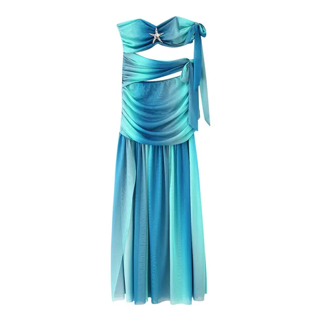 Casual Slimming And Fashionable European And American Tube Top Slit Dress Blue - Shop at LoveMi