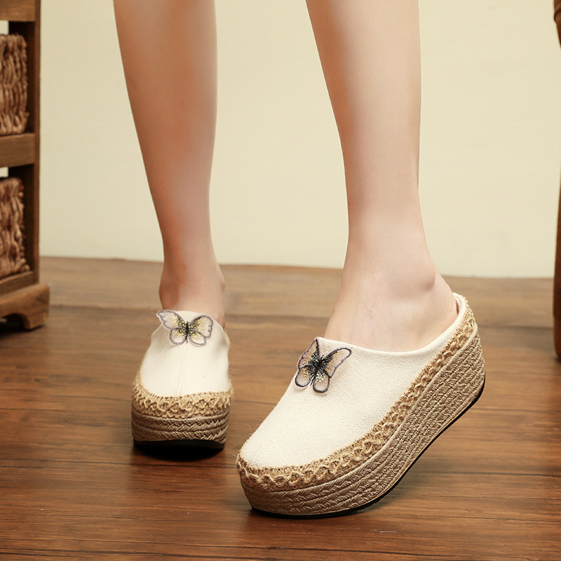Womens Half-slipper Sandals Wearable Outdoors Vintage Embroidered Ethnic Style