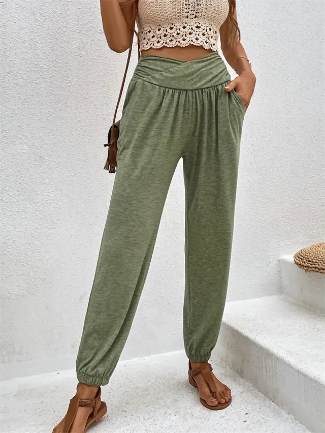 Casual Loose Pocket High Waist Ankle tied Trousers For Women Army Green - Shop at LoveMi