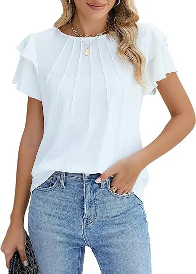 Summer Pleated Short Sleeve Round Neck Top Business Work Shirt - White