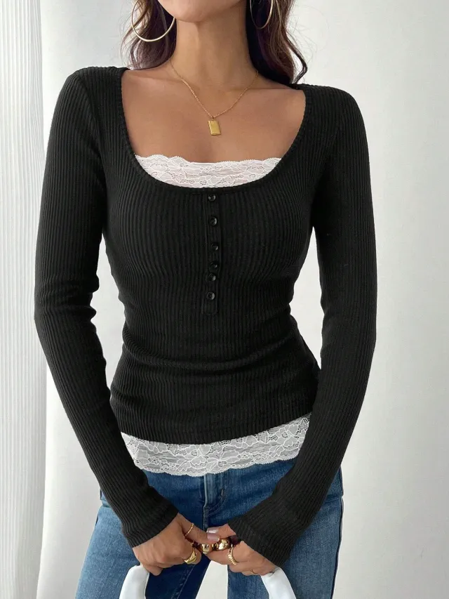 Women's Lace Stitching Crew Neck T shirt Top Black - Shop at LoveMi