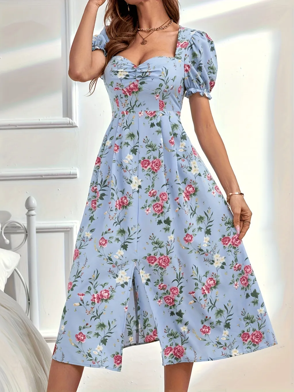 Printed Bubble Elegant Graceful Short Sleeve Dress - Blue