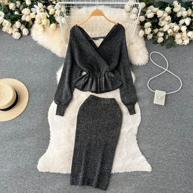 Women's V neck Flounce Short Sweater Skirt Two piece Set Gray - Shop at LoveMi