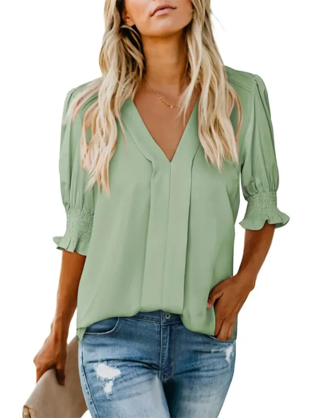 V neck Short Sleeve Loose Comfortable Fashion Summer Solid Color Small Shirt European And American Style Light Green - Shop at LoveMi