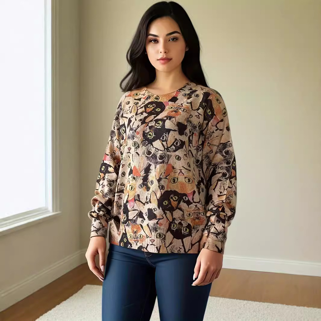 European And American Plus Size Autumn And Winter Cat Pattern Round Neck Loose Pullover Sweater Women