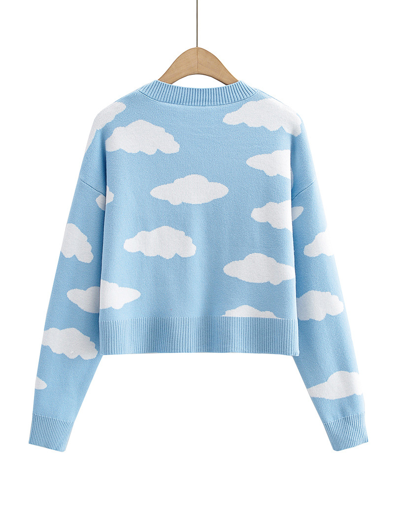 Autumn Girl Long Sleeve V-neck Cloud Pattern Cardigan Sweater