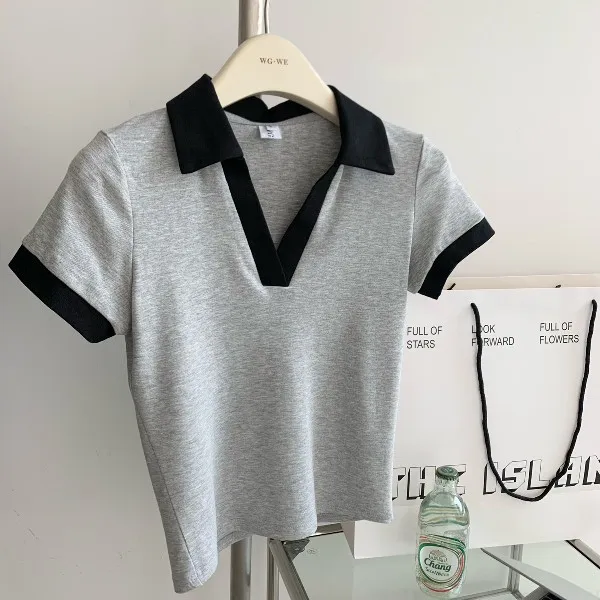 V collar Contrast Color Polo Shirt Short Slim T shirt Top Gray - Shop at LoveMi