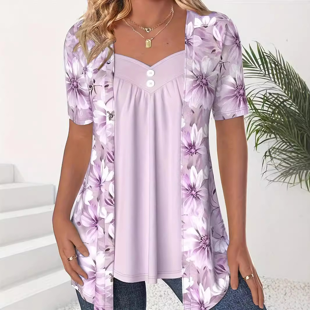 Fake Two Pieces Short Sleeve Printed Fashion Button Top