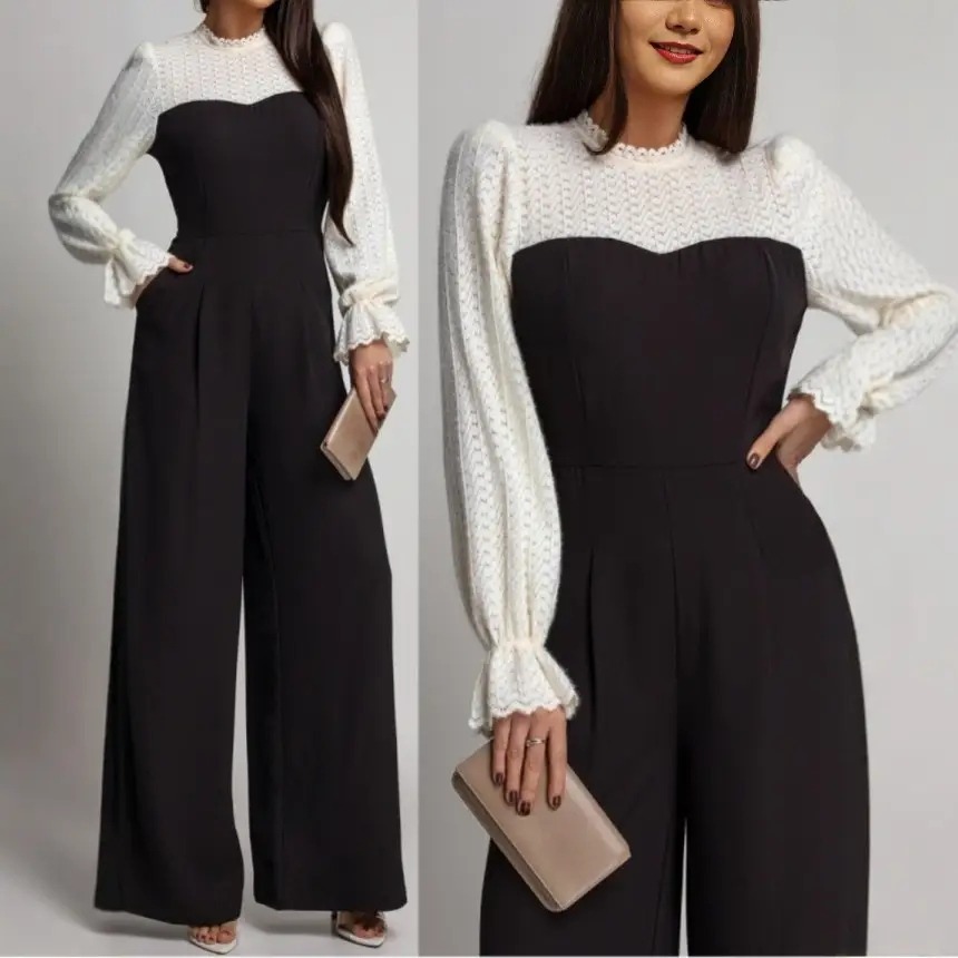 Black-and-white Patchwork Lace Long-sleeve Wide-leg Pants