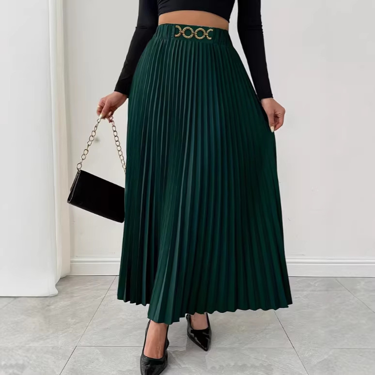 Spring Summer Solid-Color Pleated Skirt For Women