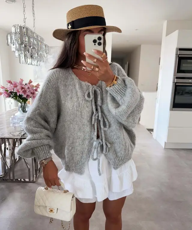 Casual Knitted Bow Lace Up Cardigan Women Solid O neck Short Sleeve Hollow Out Sweater Female Autumn Lady Solid Streetwear Gray - Shop at LoveMi