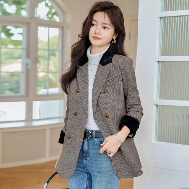 Pink Casual Wool Women's Suit Jacket New Autumn And Winter Thickened Gray - Shop at LoveMi