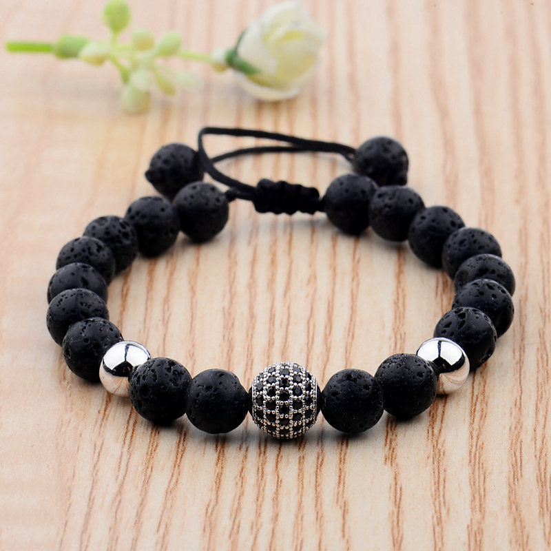 Title 2, CZ Zircon Pave Lava Weaving Bracelet Men Beads