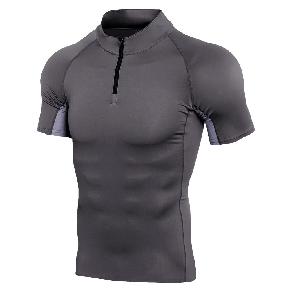 Men's Stand Collar Zipper Fitness Short Sleeve Training Running Stretch T-shirt - 4