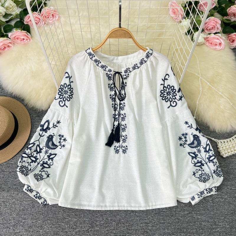 Ethnic Style Machine Embroidery Lace-up Tassel Round Neck Loose Slimming Youthful-looking Puff Sleeve Top Women