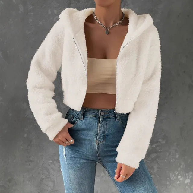 Women's Coat Fashion Casual Short Long Sleeve Hooded Fleece Shirt Solid Color White - Shop at LoveMi