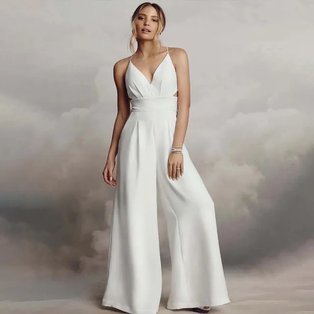 Sleeveless V neck Brace Skinny Sheath Backless Jumpsuit White - Shop at LoveMi