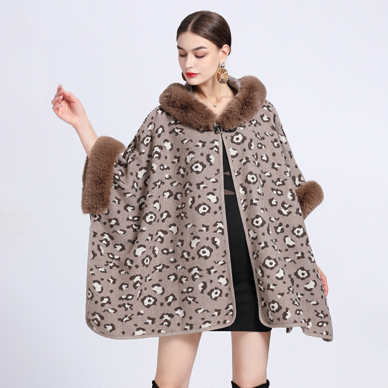 Jacquard Shawl Cape Oversized Knitted Cardigan Woolen Coat For Women