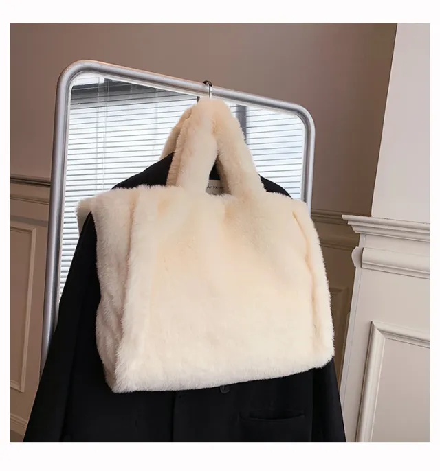 Winter Women's Fashion Large Capacity Plush Hand carrying Bag Beige - Shop at LoveMi