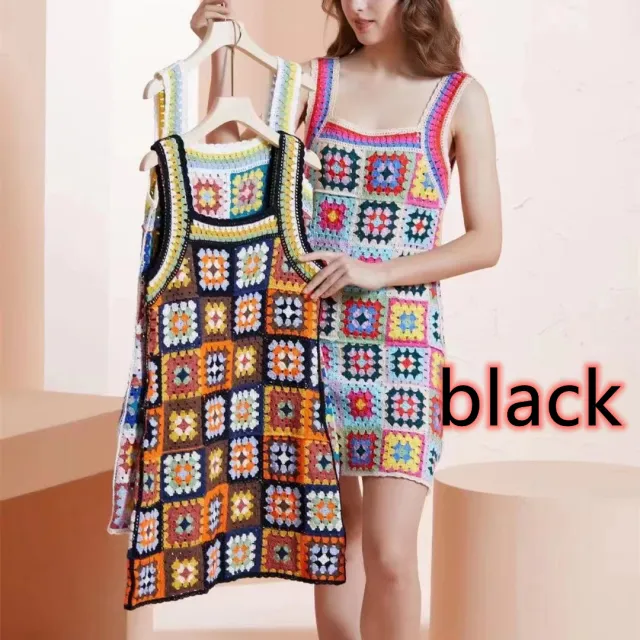 Ethnic Style Contrast Color Heavy Industry Crochet Cutout Sling Dress Black - Shop at LoveMi