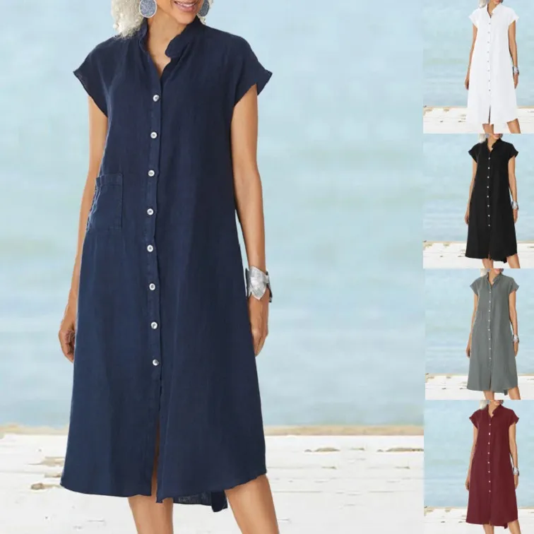 Cardigan Stand Collar Single-breasted Cotton And Linen Pocket Dress