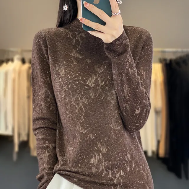 Women's Half Turtleneck Hollow Out Sweater Loose Pullover Fashionable Knitted Brown - Shop at LoveMi